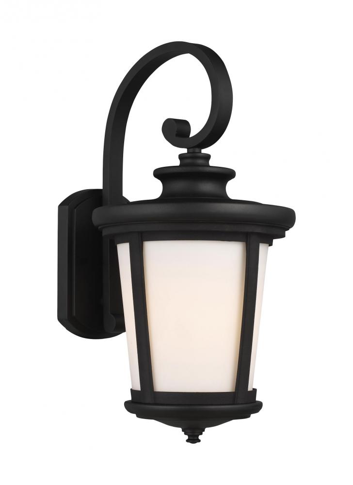 Eddington modern 1-light outdoor exterior large wall lantern sconce in black finish with cased opal