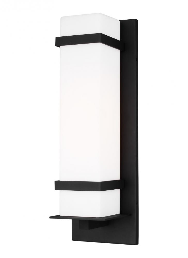 Alban modern 1-light outdoor exterior large square wall lantern in black finish with etched opal gla