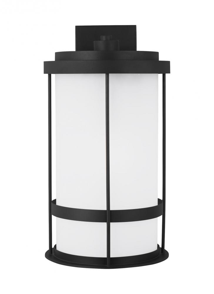 Wilburn modern 1-light outdoor exterior extra large wall lantern sconce in black finish with satin e