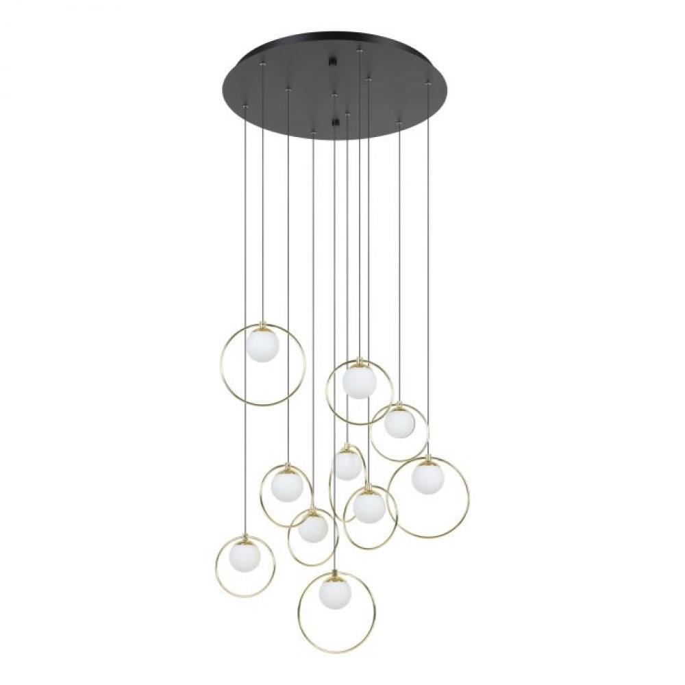 10 LT Integrated LED Cascade Pendant w/ Black & Shiny Brass Finish & White Shades