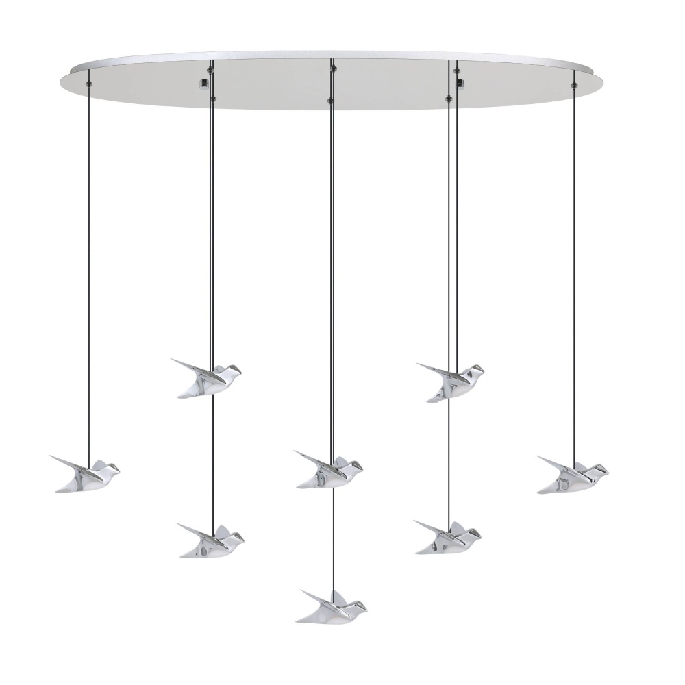 8 LT LED Oval Pendant w/ Chrome Finish & Chrome Bird Shaped Shades w/ Acrylic Diffusers
