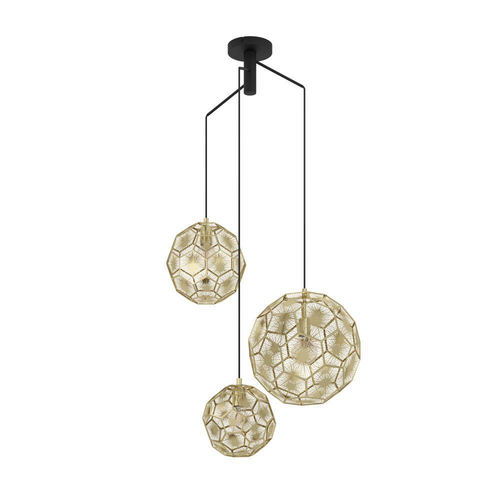 3 LT Round Cascade Pendant w/ Black Finish & Brass Geometric Design  Shades