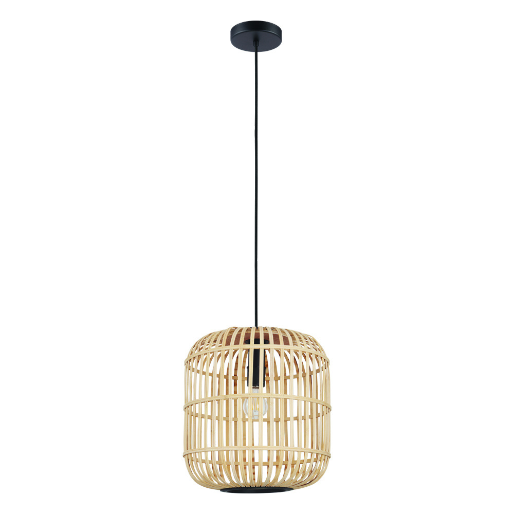 1 LT Pendant w/ Black Finish & Open Frame Natural Wood Shade